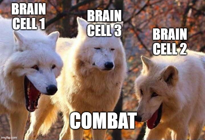 when you do something stupid in combat | BRAIN CELL 1; BRAIN CELL 3; BRAIN CELL 2; COMBAT | image tagged in laughing wolf | made w/ Imgflip meme maker