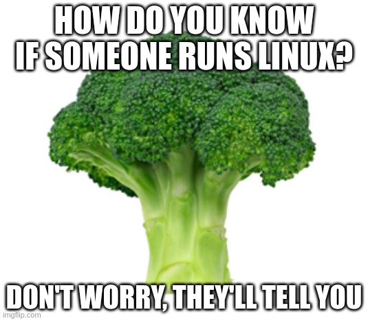 How do you know if someone runs Linux? Don't worry, they'll tell you | HOW DO YOU KNOW IF SOMEONE RUNS LINUX? DON'T WORRY, THEY'LL TELL YOU | image tagged in brocolli | made w/ Imgflip meme maker