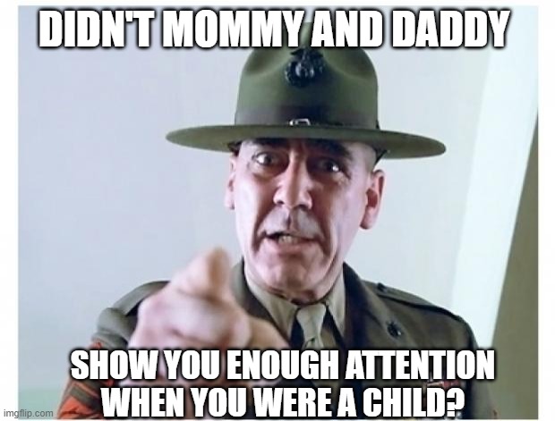 Full metal jacket | DIDN'T MOMMY AND DADDY; SHOW YOU ENOUGH ATTENTION WHEN YOU WERE A CHILD? | image tagged in full metal jacket | made w/ Imgflip meme maker