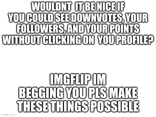 Cmon, pls | WOULDNT  IT BE NICE IF YOU COULD SEE DOWNVOTES, YOUR FOLLOWERS, AND YOUR POINTS WITHOUT CLICKING ON  YOU PROFILE? IMGFLIP IM BEGGING YOU PLS MAKE THESE THINGS POSSIBLE | image tagged in improve imglfip,suggestion | made w/ Imgflip meme maker