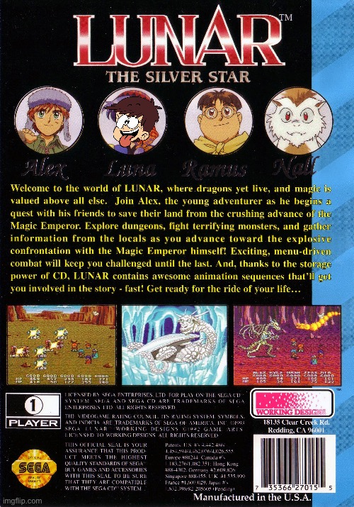 Lunar: The Silver Star (Back Cover) | image tagged in sega,playstation,deviantart,video games,the loud house,memes | made w/ Imgflip meme maker