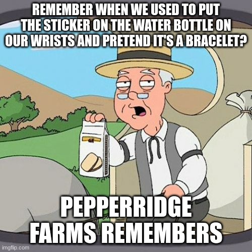 ;) | REMEMBER WHEN WE USED TO PUT THE STICKER ON THE WATER BOTTLE ON OUR WRISTS AND PRETEND IT'S A BRACELET? PEPPERRIDGE FARMS REMEMBERS | image tagged in memes,pepperidge farm remembers | made w/ Imgflip meme maker