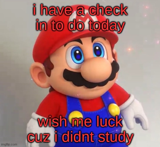 RPG Mario | i have a check in to do today; wish me luck cuz i didnt study | image tagged in rpg mario | made w/ Imgflip meme maker