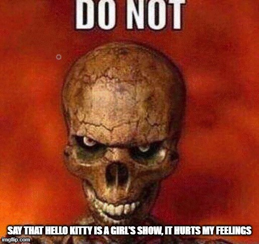 DO NOT skeleton | SAY THAT HELLO KITTY IS A GIRL'S SHOW, IT HURTS MY FEELINGS | image tagged in do not skeleton | made w/ Imgflip meme maker