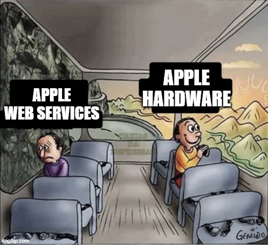 two guys on a bus | APPLE HARDWARE; APPLE WEB SERVICES | image tagged in two guys on a bus | made w/ Imgflip meme maker