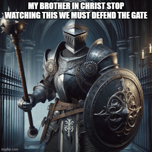 super baddass knight with a flail and sheild | MY BROTHER IN CHRIST STOP WATCHING THIS WE MUST DEFEND THE GATE | image tagged in super baddass knight with a flail and sheild | made w/ Imgflip meme maker