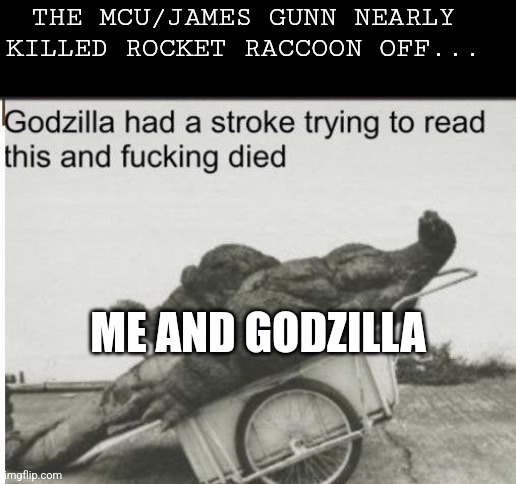 I really thought they'd kill rocket | THE MCU/JAMES GUNN NEARLY KILLED ROCKET RACCOON OFF... ME AND GODZILLA | image tagged in godzilla,guardians of the galaxy,marvel,mcu | made w/ Imgflip meme maker