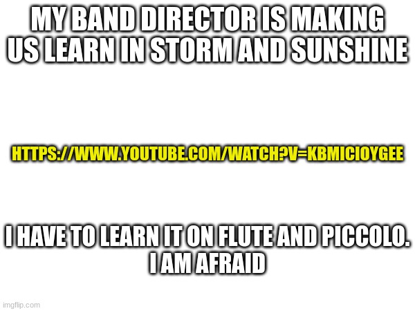 help. | MY BAND DIRECTOR IS MAKING US LEARN IN STORM AND SUNSHINE; HTTPS://WWW.YOUTUBE.COM/WATCH?V=KBMICIOYGEE; I HAVE TO LEARN IT ON FLUTE AND PICCOLO.
I AM AFRAID | image tagged in piccolo,flute,i am afraid | made w/ Imgflip meme maker