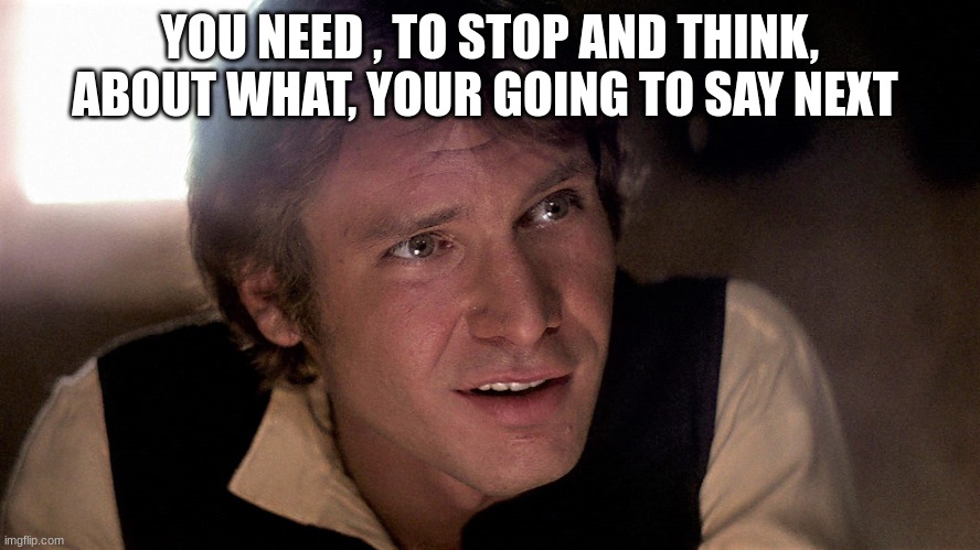 han solo | YOU NEED , TO STOP AND THINK, ABOUT WHAT, YOUR GOING TO SAY NEXT | image tagged in han solo | made w/ Imgflip meme maker