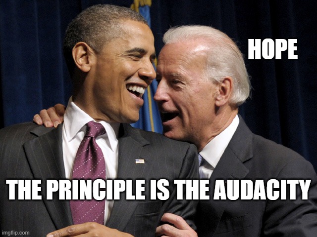 Obama & Biden laugh | HOPE THE PRINCIPLE IS THE AUDACITY | image tagged in obama biden laugh | made w/ Imgflip meme maker