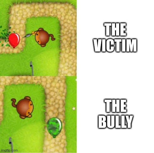 bro... | THE VICTIM; THE BULLY | image tagged in dart monkey red bloon camo bloon | made w/ Imgflip meme maker