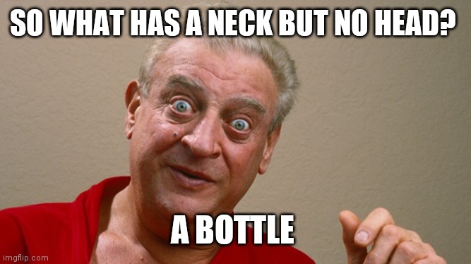 Funny joke | SO WHAT HAS A NECK BUT NO HEAD? A BOTTLE | image tagged in rodney dangerfield,funny memes | made w/ Imgflip meme maker