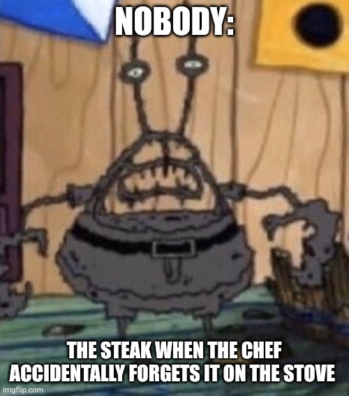 That steak is well done | NOBODY:; THE STEAK WHEN THE CHEF ACCIDENTALLY FORGETS IT ON THE STOVE | image tagged in incinerated mr krabs,food memes | made w/ Imgflip meme maker