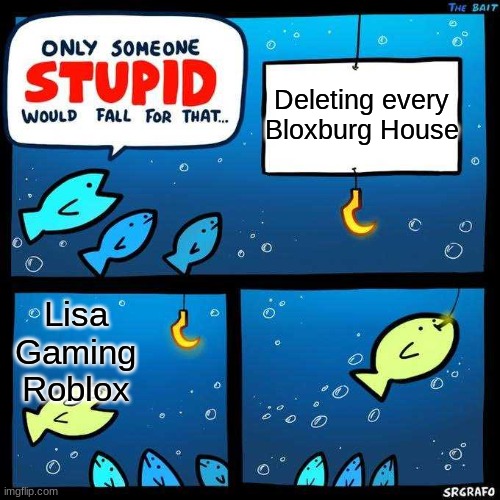 she aint funny | Deleting every Bloxburg House; Lisa
Gaming
Roblox | image tagged in only someone stupid would fall for that,roblox | made w/ Imgflip meme maker