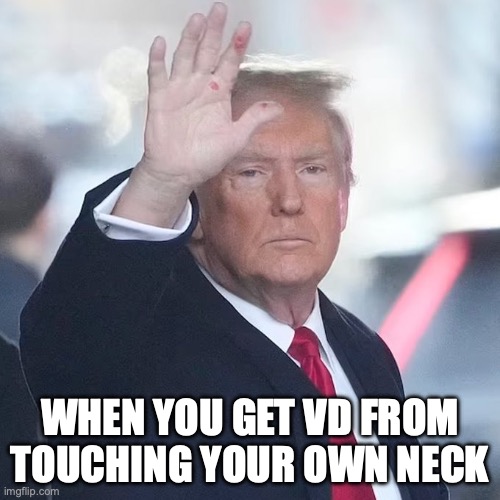 Trump VD | WHEN YOU GET VD FROM TOUCHING YOUR OWN NECK | image tagged in trump hand | made w/ Imgflip meme maker