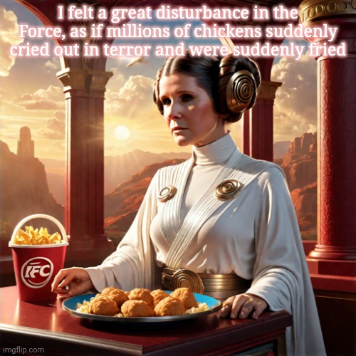 KFC wars | I felt a great disturbance in the Force, as if millions of chickens suddenly cried out in terror and were suddenly fried | image tagged in star wars,princess leia,fried chicken,is that a,lightsaber,in your pocket | made w/ Imgflip meme maker