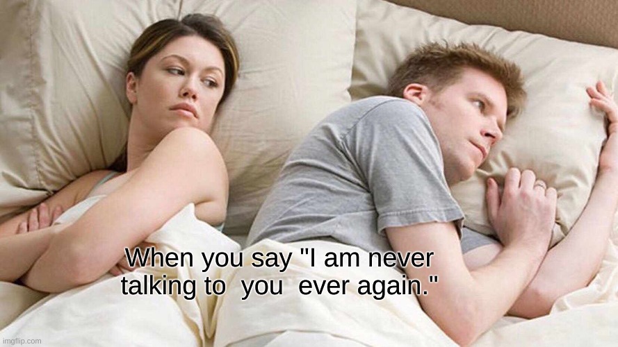 I Bet He's Thinking About Other Women | When you say "I am never talking to  you  ever again." | image tagged in memes,i bet he's thinking about other women | made w/ Imgflip meme maker