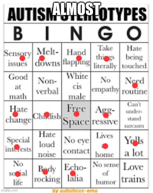 autism stereotypes bingo | ALMOST | image tagged in autism stereotypes bingo | made w/ Imgflip meme maker