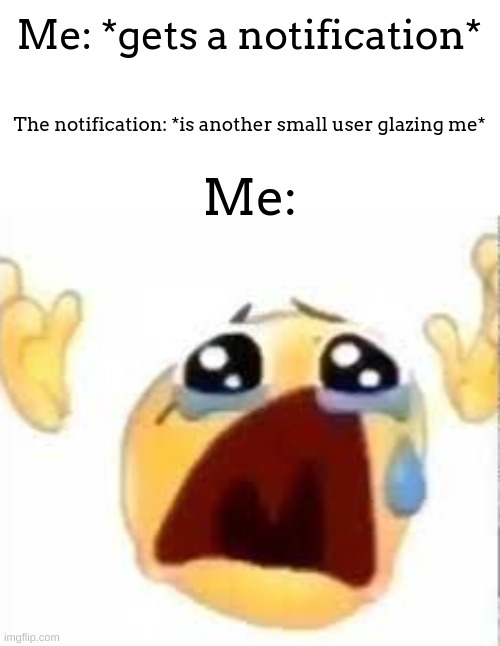 ITS SO ANNOYING PLS STOP | Me: *gets a notification*; The notification: *is another small user glazing me*; Me: | image tagged in crying emoji | made w/ Imgflip meme maker