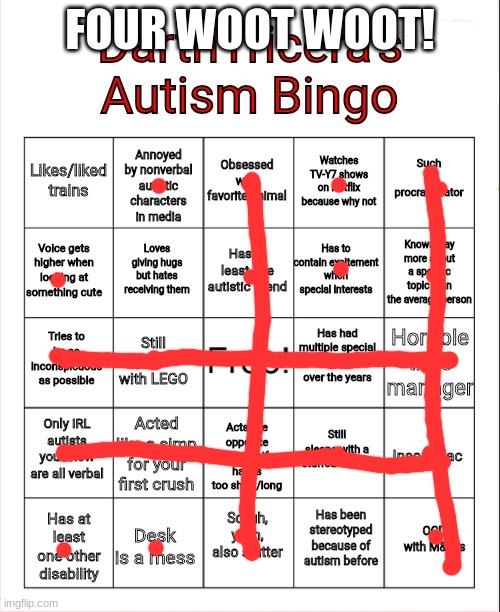 DarthTricera's Autism Bingo | FOUR WOOT WOOT! | image tagged in darthtricera's autism bingo | made w/ Imgflip meme maker