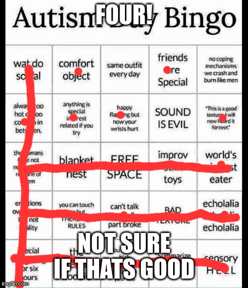 autism bingo | FOUR! NOT SURE IF THATS GOOD | image tagged in autism bingo | made w/ Imgflip meme maker