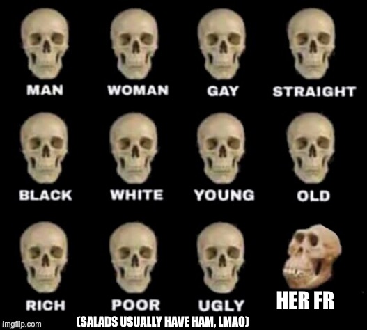 idiot skull | HER FR (SALADS USUALLY HAVE HAM, LMAO) | image tagged in idiot skull | made w/ Imgflip meme maker
