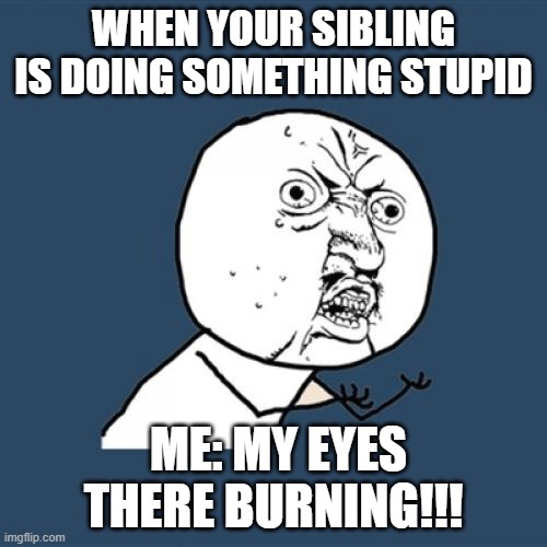 siblings | WHEN YOUR SIBLING IS DOING SOMETHING STUPID; ME: MY EYES THERE BURNING!!! | image tagged in memes,y u no | made w/ Imgflip meme maker