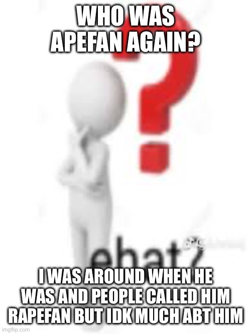 WHO WAS APEFAN AGAIN? I WAS AROUND WHEN HE WAS AND PEOPLE CALLED HIM RAPEFAN BUT IDK MUCH ABT HIM | image tagged in ehat | made w/ Imgflip meme maker