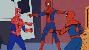 3 Spider Men Pointing At Each Other Blank Meme Template