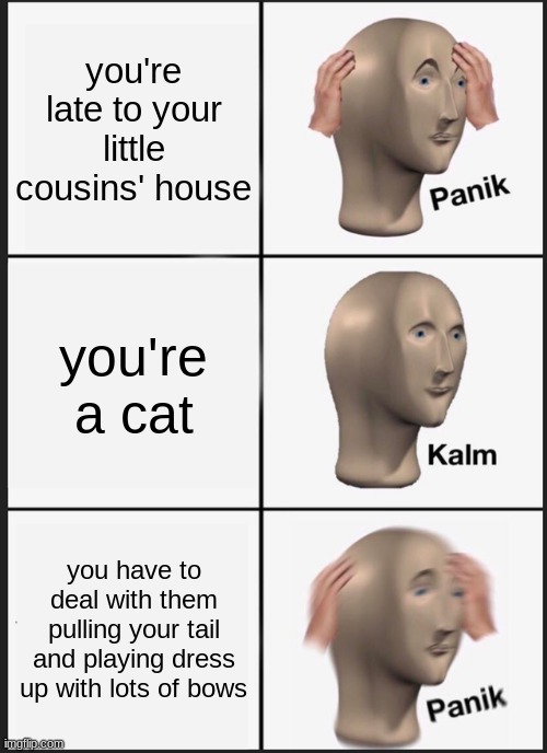 Panik Kalm Panik Meme | you're late to your little cousins' house; you're a cat; you have to deal with them pulling your tail and playing dress up with lots of bows | image tagged in memes,panik kalm panik | made w/ Imgflip meme maker