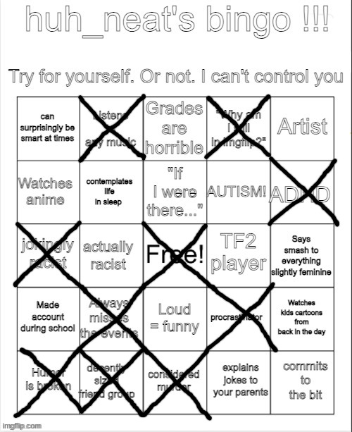 I actually have non-hyperactive ADHD (ADD) but they're recognized by researchers to have no significant differences from each ot | image tagged in huh_neat bingo | made w/ Imgflip meme maker