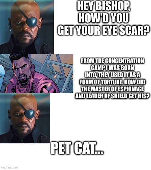 Or is Bishop's "M" a tattoo? | HEY BISHOP, HOW'D YOU GET YOUR EYE SCAR? FROM THE CONCENTRATION CAMP I WAS BORN INTO, THEY USED IT AS A FORM OF TORTURE. HOW DID THE MASTER OF ESPIONAGE AND LEADER OF SHIELD GET HIS? PET CAT... | image tagged in x-men,nick fury | made w/ Imgflip meme maker
