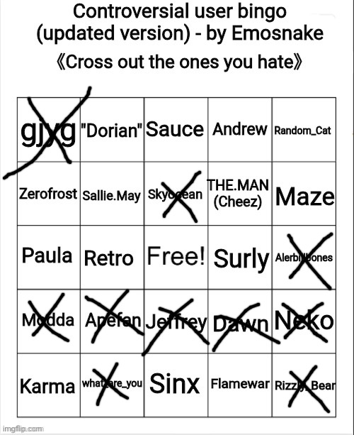 Idk what the rest did so just know that | image tagged in controversial user bingo updated version - by emosnake | made w/ Imgflip meme maker