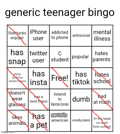 don't have a phone *GASP* | paritally | image tagged in generic teenager bingo | made w/ Imgflip meme maker