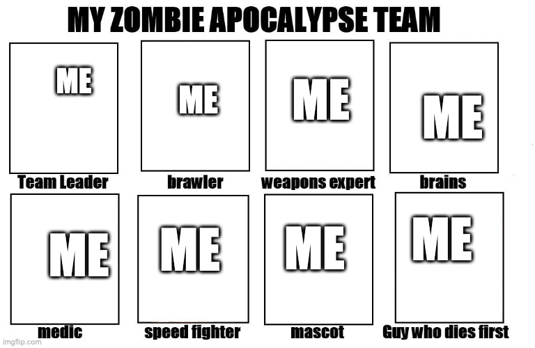 me | ME; ME; ME; ME; ME; ME; ME; ME | image tagged in my zombie apocalypse team,me | made w/ Imgflip meme maker