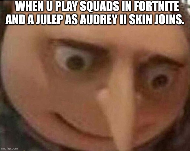 Uh oh gru | WHEN U PLAY SQUADS IN FORTNITE AND A JULEP AS AUDREY II SKIN JOINS. | image tagged in gru meme | made w/ Imgflip meme maker