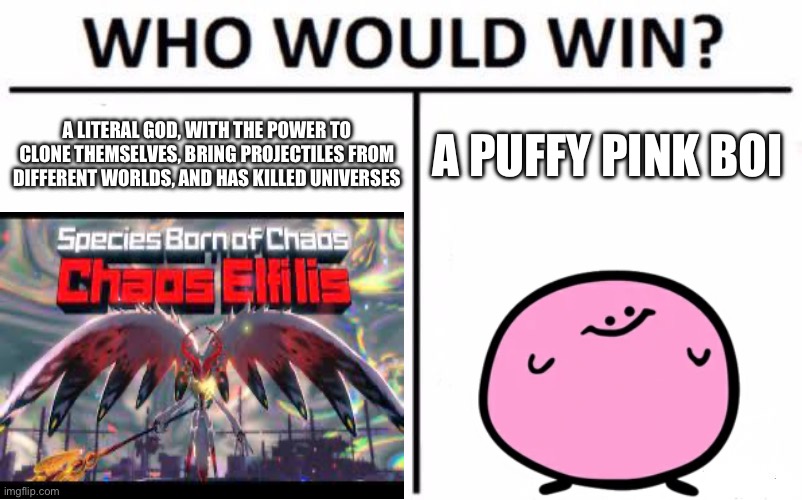 POV:Kirby be like | A LITERAL GOD, WITH THE POWER TO CLONE THEMSELVES, BRING PROJECTILES FROM DIFFERENT WORLDS, AND HAS KILLED UNIVERSES; A PUFFY PINK BOI | image tagged in memes,who would win | made w/ Imgflip meme maker