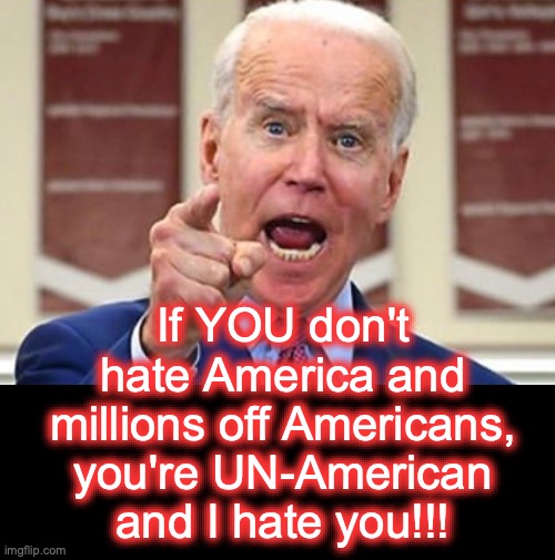 [warning: the-gist-of-the-gist satire] | If YOU don't hate America and millions off Americans, you're UN-American and I hate you!!! | image tagged in joe biden,funny memes,hater,american | made w/ Imgflip meme maker