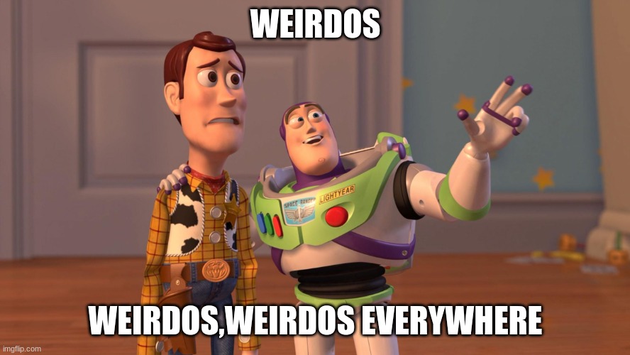 Woody and Buzz Lightyear Everywhere Widescreen | WEIRDOS; WEIRDOS,WEIRDOS EVERYWHERE | image tagged in woody and buzz lightyear everywhere widescreen | made w/ Imgflip meme maker