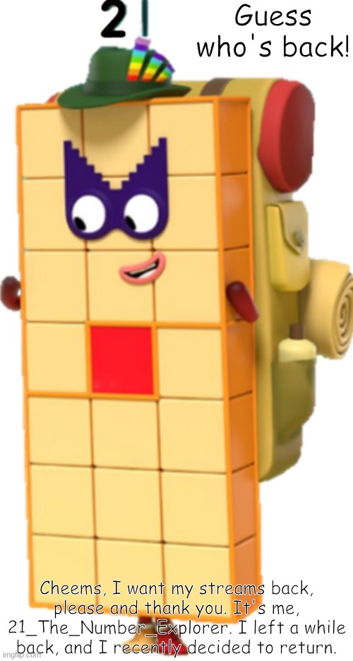 I also want back my mod status in this stream, please. (Knockout's Note: Welcome back bro!) | Guess who's back! Cheems, I want my streams back, please and thank you. It's me, 21_The_Number_Explorer. I left a while back, and I recently decided to return. | image tagged in 21 the number explorer | made w/ Imgflip meme maker