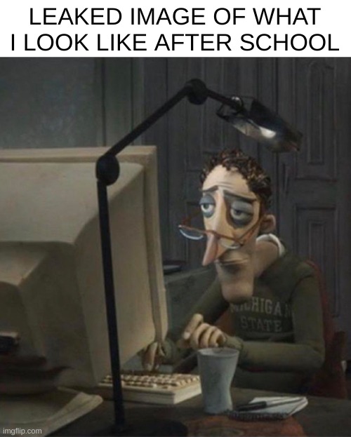 Im tired man | LEAKED IMAGE OF WHAT I LOOK LIKE AFTER SCHOOL | image tagged in tired dad at computer | made w/ Imgflip meme maker