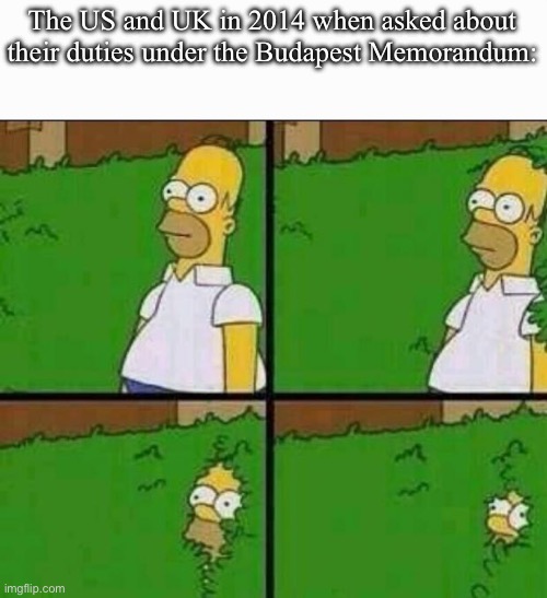 Appeasement never works. How long until people stop doing things Neville Chamberlain’s way? | The US and UK in 2014 when asked about their duties under the Budapest Memorandum: | image tagged in homer simpson in bush - large | made w/ Imgflip meme maker