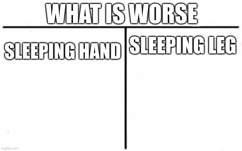 both feel bad [̲̅$̲̅(̲̅5̲̅)̲̅$̲̅] | WHAT IS WORSE; SLEEPING LEG; SLEEPING HAND | image tagged in memes,what feels worse | made w/ Imgflip meme maker