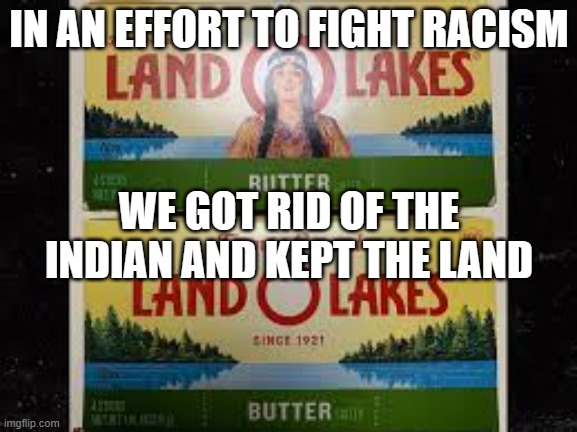 Land O Lakes | IN AN EFFORT TO FIGHT RACISM; WE GOT RID OF THE INDIAN AND KEPT THE LAND | image tagged in land o lakes | made w/ Imgflip meme maker