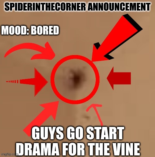 do it for the vine | MOOD: BORED; GUYS GO START DRAMA FOR THE VINE | image tagged in spiderinthecorner announcement | made w/ Imgflip meme maker
