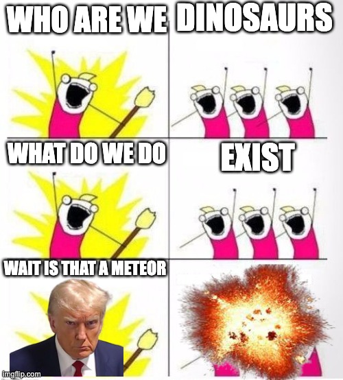 Who are we | DINOSAURS; WHO ARE WE; WHAT DO WE DO; EXIST; WAIT IS THAT A METEOR | image tagged in who are we | made w/ Imgflip meme maker