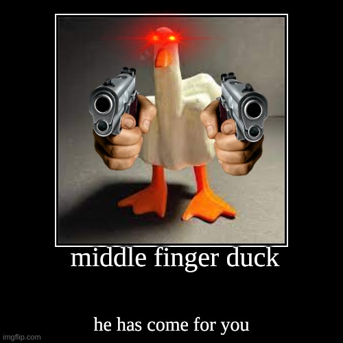 duck | middle finger duck | he has come for you | image tagged in funny,demotivationals | made w/ Imgflip demotivational maker