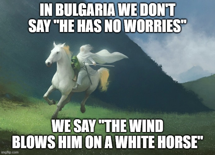 Bulgarian soonspeakings | IN BULGARIA WE DON'T SAY "HE HAS NO WORRIES"; WE SAY "THE WIND BLOWS HIM ON A WHITE HORSE" | image tagged in translation,lost in translation,fun,funny memes,funny,country | made w/ Imgflip meme maker