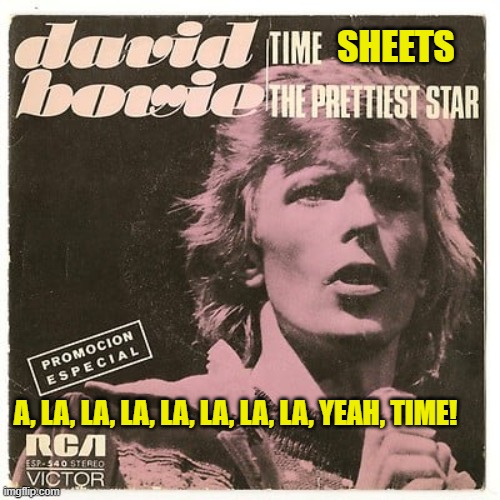 Bowie Timesheet reminder | SHEETS; A, LA, LA, LA, LA, LA, LA, LA, YEAH, TIME! | image tagged in bowie timesheet reminder,timesheet meme,timesheet reminder,time,david bowie | made w/ Imgflip meme maker