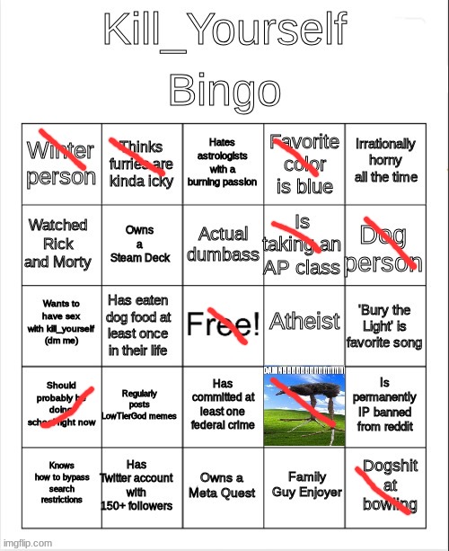 Kill_Yourself Bingo | image tagged in kill_yourself bingo | made w/ Imgflip meme maker